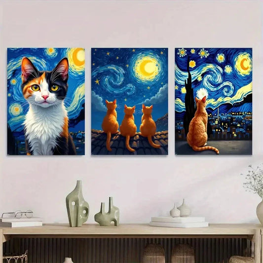 3pcs Starry Night Cat Vibrant Orange, Black Metal Print Ready to Hang Art