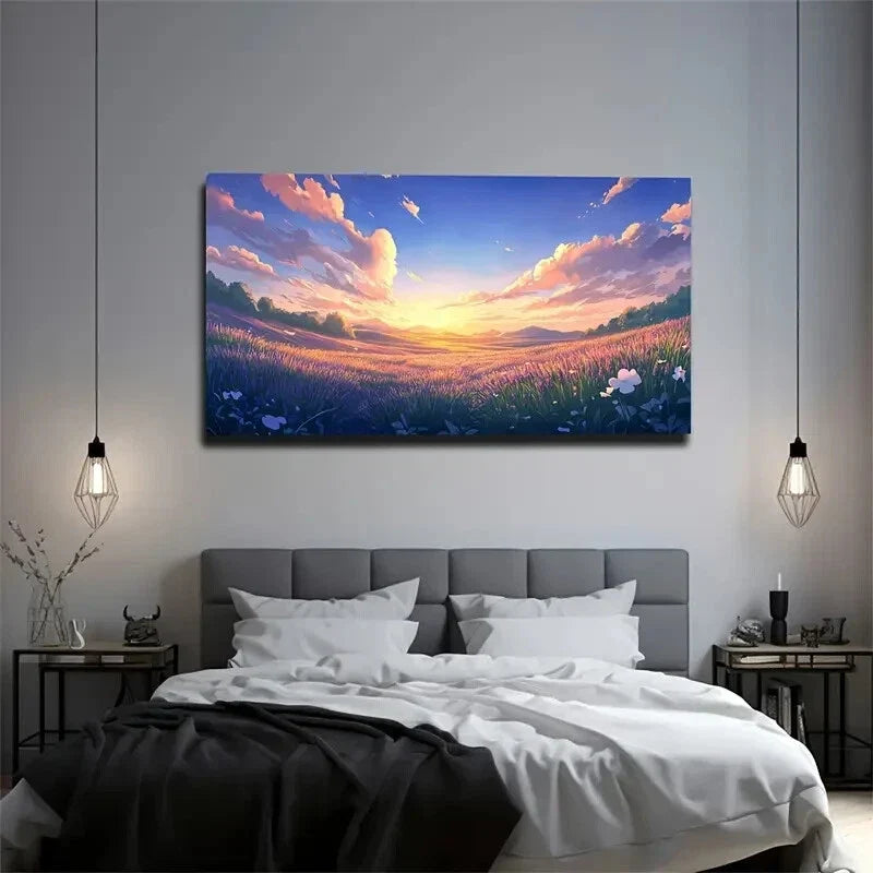 Vibrant Sunset and Flower Field Wall Art Canvas Office Home Room Framed 120x60cm