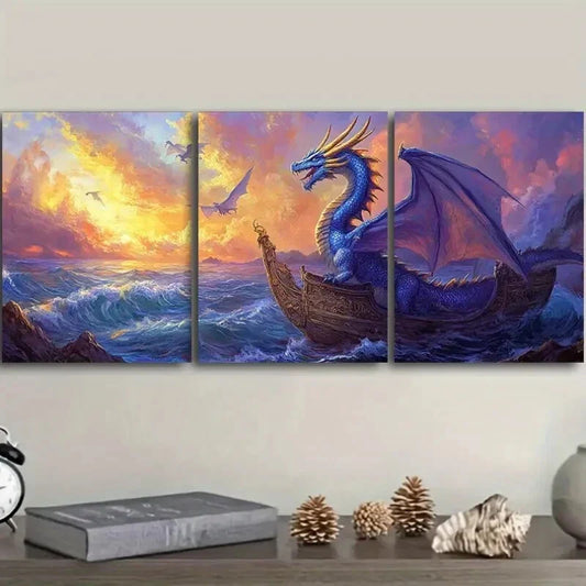 3pcs Blue Dragon on Boat Classic Modern Metal Print Ready to Hang Art
