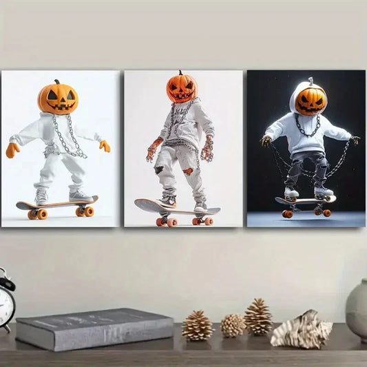 3pcs Evil Pumpkin Skateboard Metal Print Ready to Hang Art