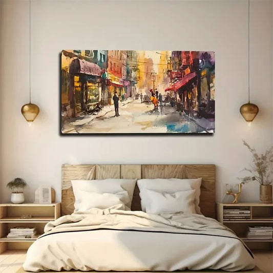 Street Scene Watercolor Wall Art Canvas Office Home Room Framed 80x45cm