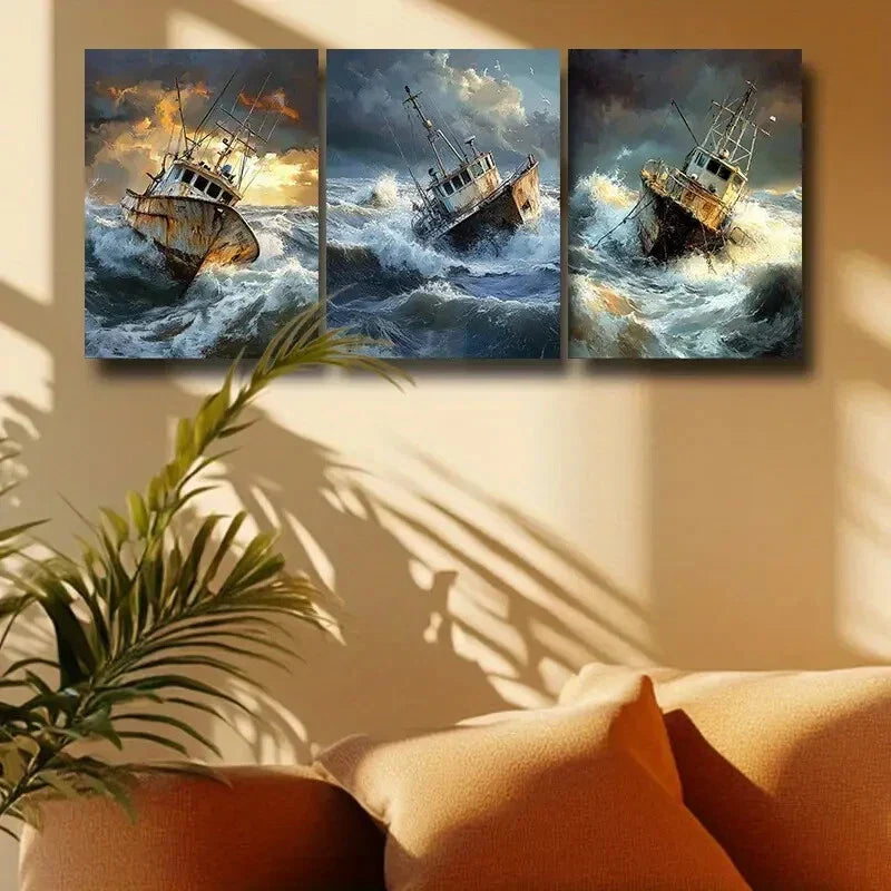 3pcs Dramatic Fishing Boat Scenes in Stormy Seas Metal Print Ready to Hang Art