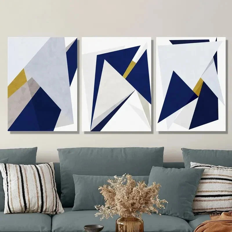 3pcs Golden and Blue Triangle Design,  Art Metal Print Ready to Hang Art