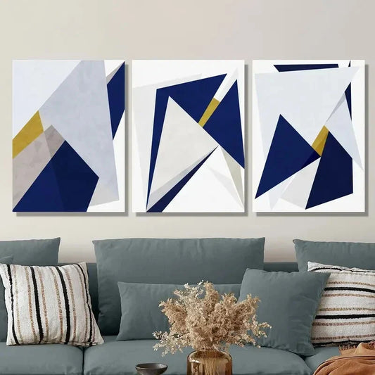 3pcs Golden and Blue Triangle Design,  Art Metal Print Ready to Hang Art