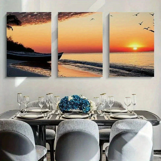 3pcs Beach Scene Sunset Flying Birds Metal Print Ready to Hang Art
