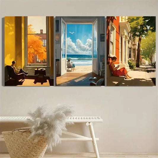 3pcs Autumn Cottage, Seaside Shore, and Relaxing Metal Print Ready to Hang Art
