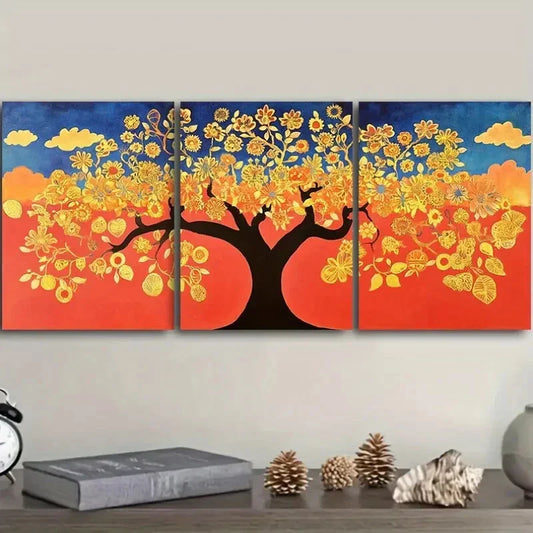 3pcs Vibrant Yellow Floral & Tree Metal Print Ready to Hang Art