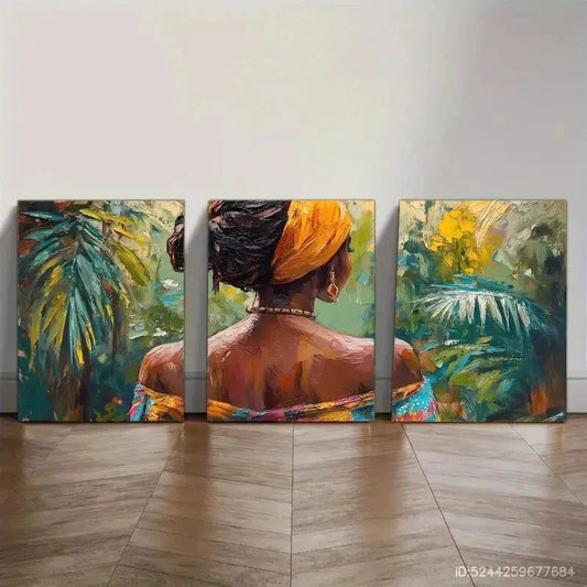 3pcs Ethnic Tropical Foliage Oil Painting Style Metal Print Ready to Hang Art