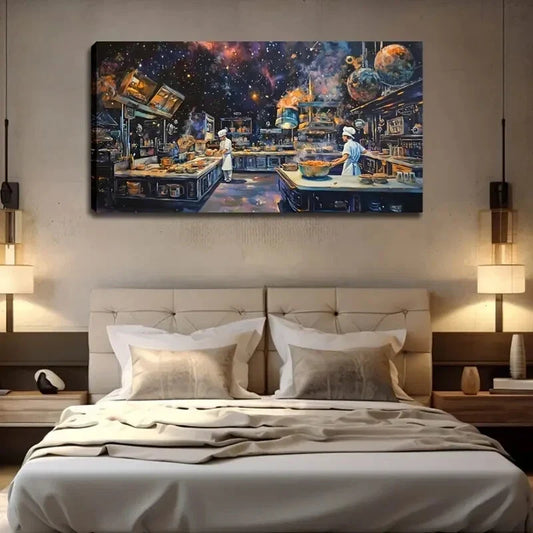 Vibrant Cosmic Kitchen Scene Wall Art Canvas Office Home Room Framed 80x45cm