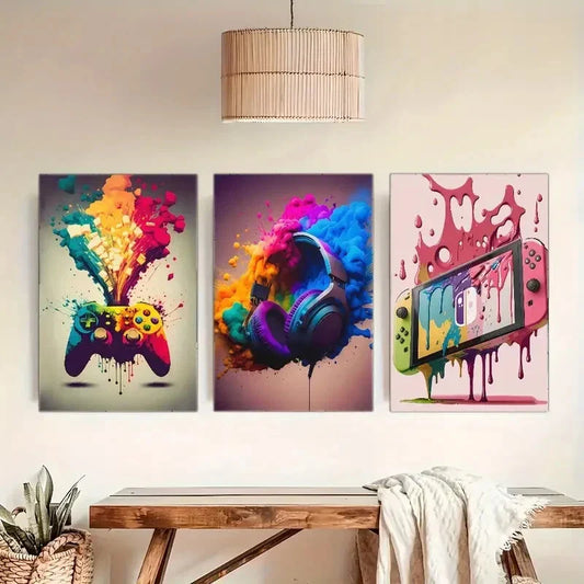 3pcs Colorful Gaming & Music Themed Prints Metal Print Ready to Hang Art