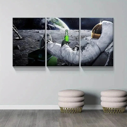 3pcs Astronaut Beer on Moon Metal Print Ready to Hang Art