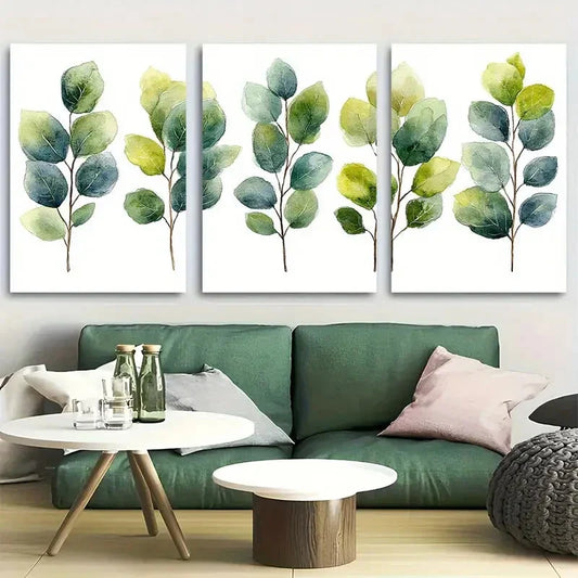 3pcs Watercolor Green Leaves Minimalist Botanical Metal Print Ready to Hang Art
