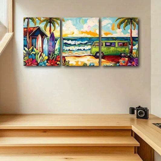 3pcs Colorful Surf Van & Palm Trees Design Metal Print Ready to Hang Art