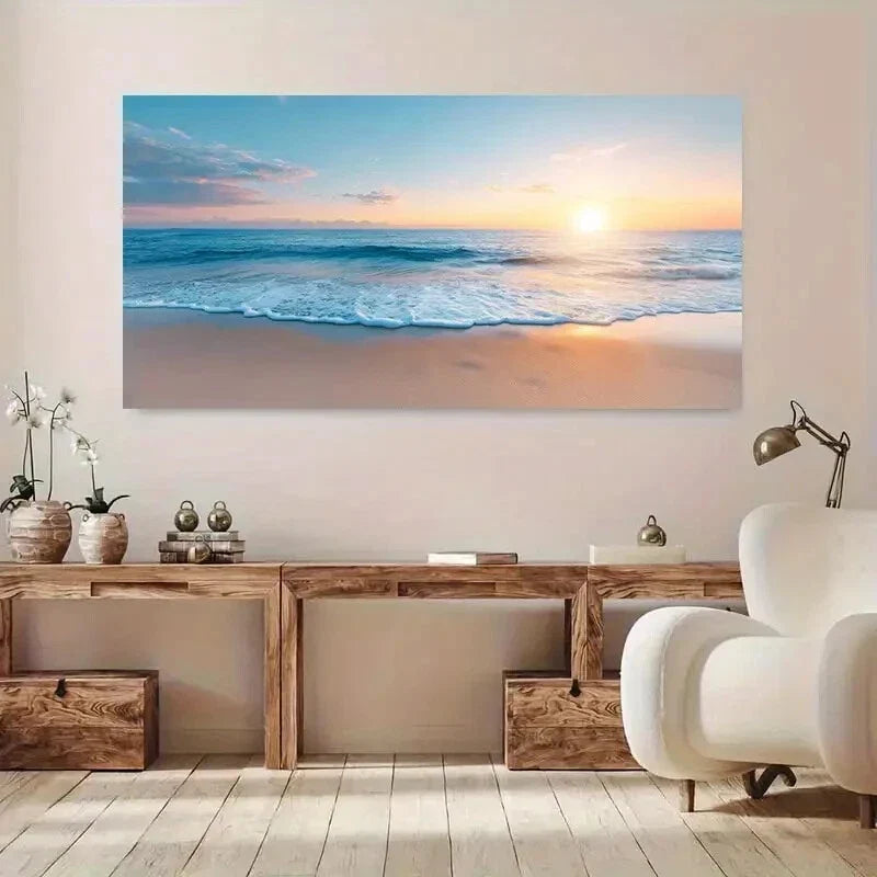 Vibrant Ocean Sunset Scene Wall Art Canvas Office Home Room Framed 80x45cm