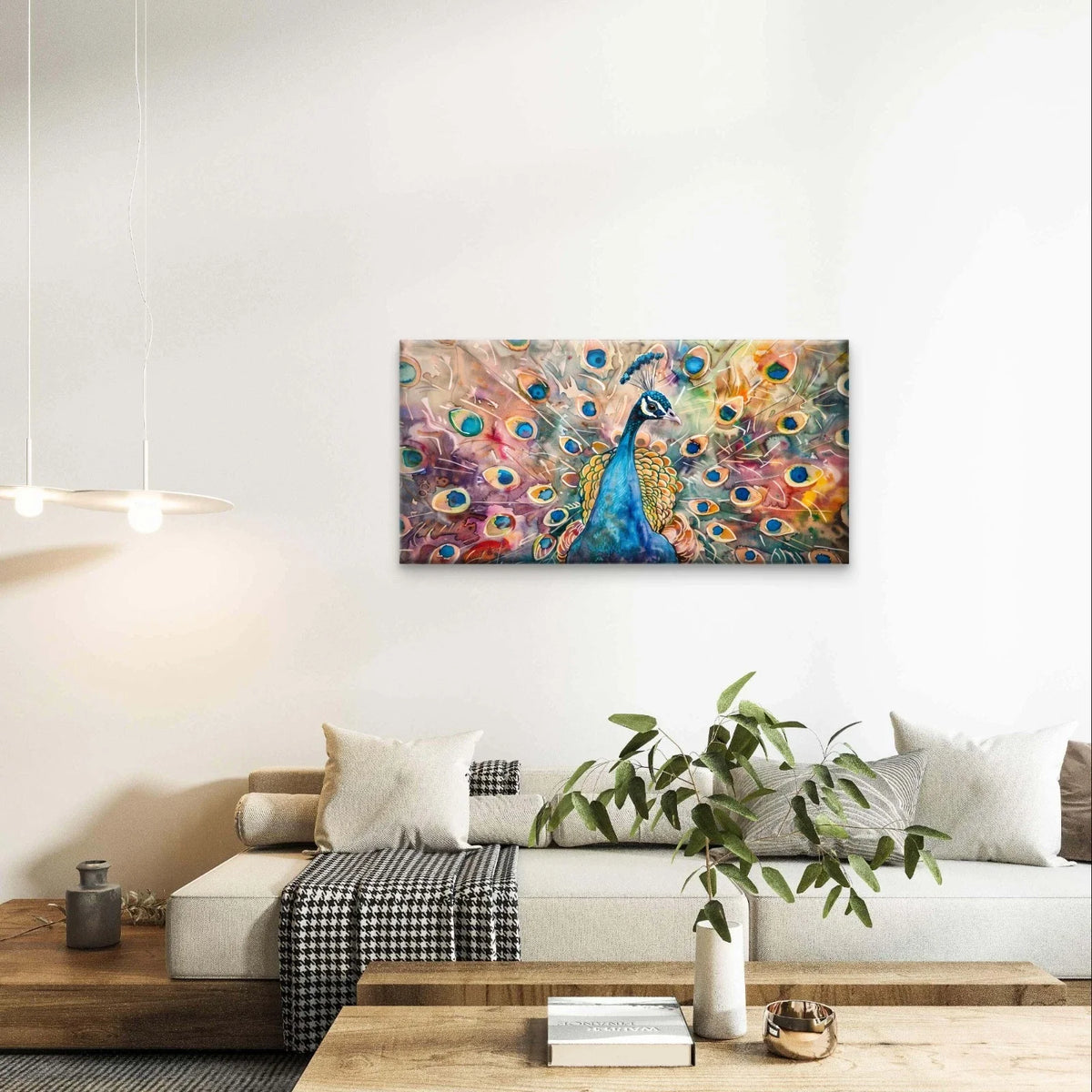 Watercolour Peacock Contemporary Wall Art Canvas Office Home Framed 120x60cm