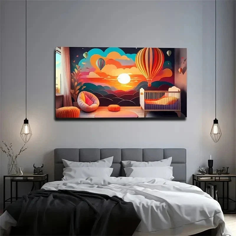 Vibrant Sunset Hot Air Balloons Wall Art Canvas Office Home Room Framed 120x60cm