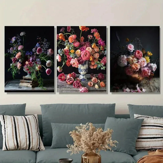 3pcs Elegant Flower Bouquet Metal Print Ready to Hang Art