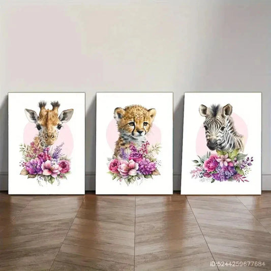 3pcs Modern Giraffe Leopard Zebra Animal Art Metal Print Ready to Hang Art