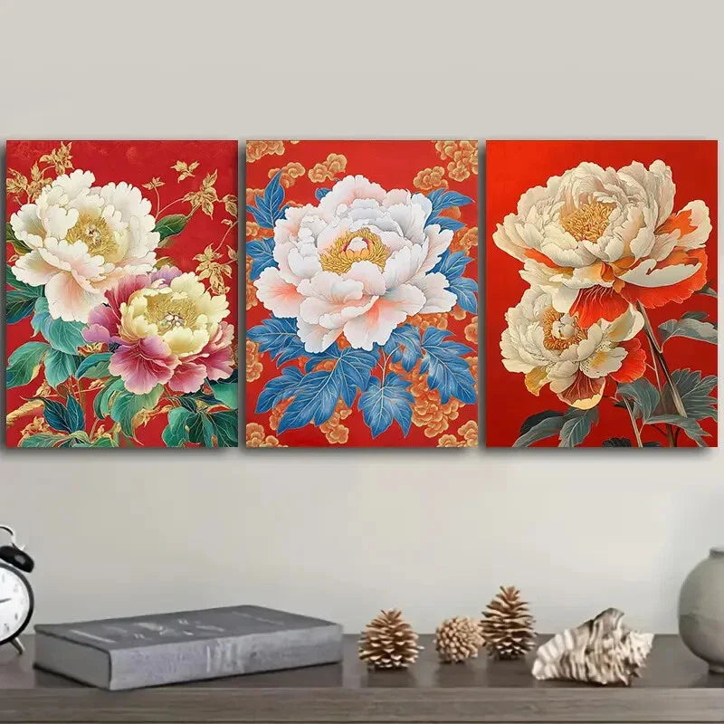 3pcs  Peony flower painting Wall Art Set Canvas Framed 40x60cm - High Quality Print 100% Australian Made Wall Canvas Ready to Hang