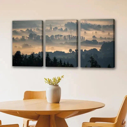 3pcs Misty Forest & Small Town Decoration Wall Art Set Canvas Framed 40x60cm - High Quality Print 100% Australian Made Wall Canvas Ready to Hang