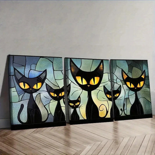 3pcs Featuring a Family of Black Cats Wall Art Set Canvas Framed 40x60cm - High Quality Print 100% Australian Made Wall Canvas Ready to Hang