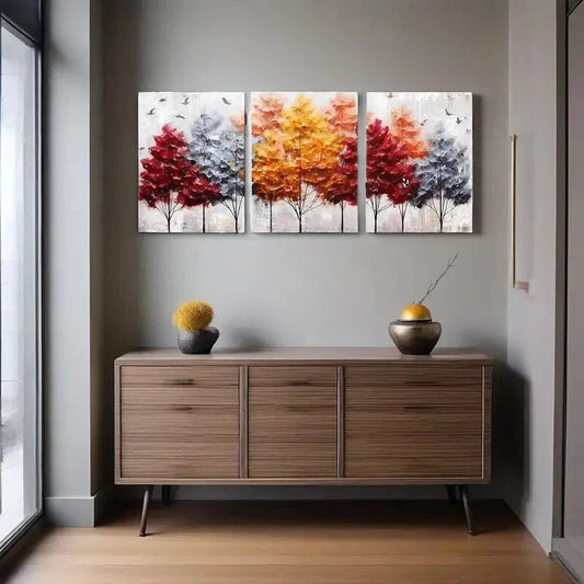 3pcs Golden Red and Gray Forest Metal Print Ready to Hang Art