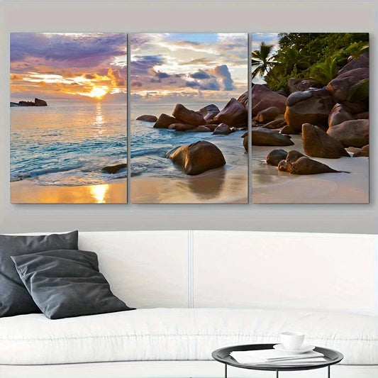 3pcs Tropical Island Beach Sunset Modern Metal Print Ready to Hang Art