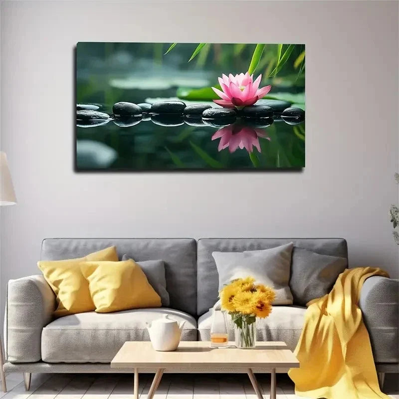 pink for lotus stones by stream wall art canvas office home room framed 120x60cm