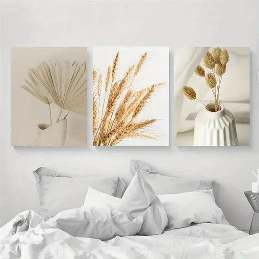 3pcs Grass and Reed Leaf Minimalism Painting Metal Print Ready to Hang Art