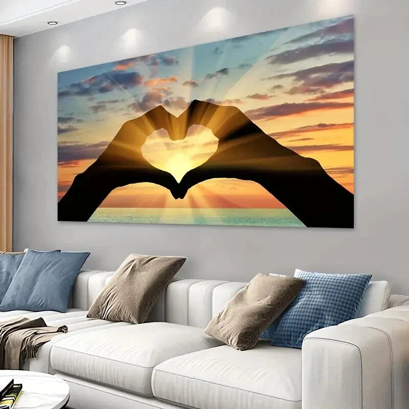 Sunset Love Hands Heart Wall Art wall canvas office home room framed 80x45cm