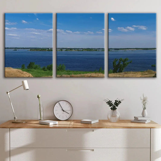 3pcs Lake View Green Field Modern Metal Print Ready to Hang Art