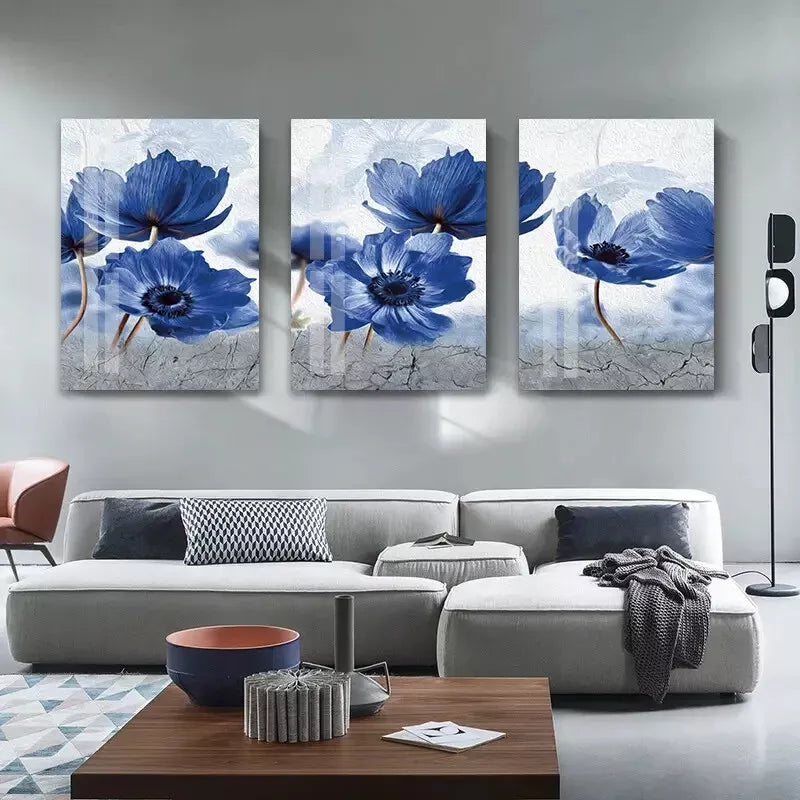 3pcs Blue Flowers Posters Abstract Flower Canvas Framed 40x60cm - High Quality Print 100% Australian Made Wall Canvas Ready to Hang