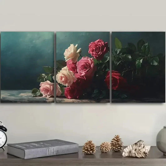 3pcs Oil painting pink and white rose Metal Print Ready to Hang Art