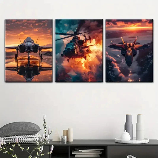 3pcs military aircraft including fighter jets   Metal Print Ready to Hang Art