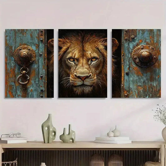 3pcs Lion Door Animal Themed Golden Eyes Metal Print Ready to Hang Art
