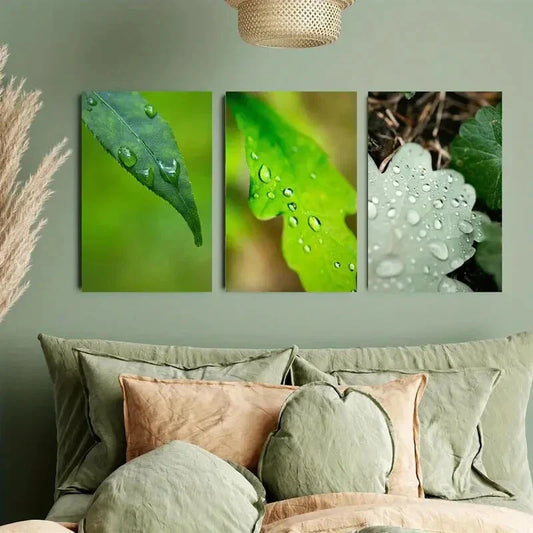 3pcs Raindrops Fall on the Leaves Metal Print Ready to Hang Art