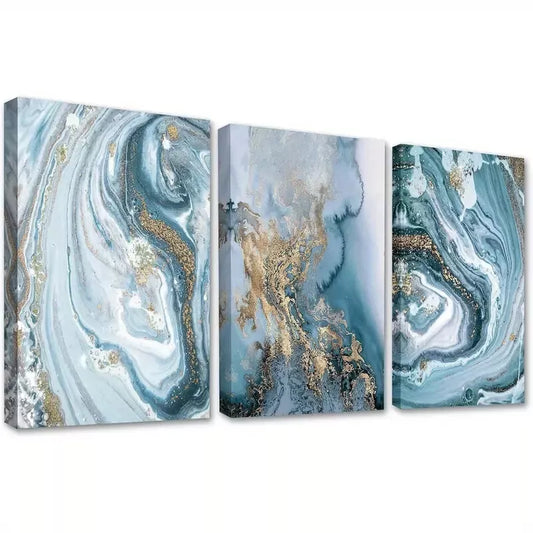 3pcs Blue & Golden Abstract Watercolor Wall Art Set Canvas Framed 40x60cm - High Quality Print 100% Australian Made Wall Canvas Ready to Hang