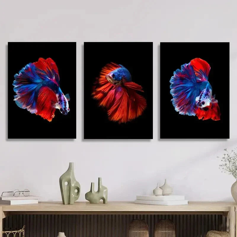3pcs  Vibrant Blue & Red Siamese Fighting Fish Metal Print Ready to Hang Art