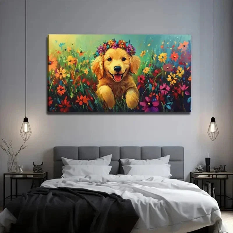 Cute Dog Flower Wreath Wall Art Canvas Office Home Room Framed 80x45cm