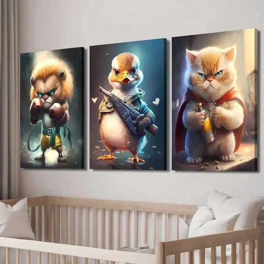 3pcs Lion Cub Soldier Duck & Superhero Kitten Wall Art Set Canvas Framed 40x60cm - High Quality Print 100% Australian Made Wall Canvas Ready to Hang