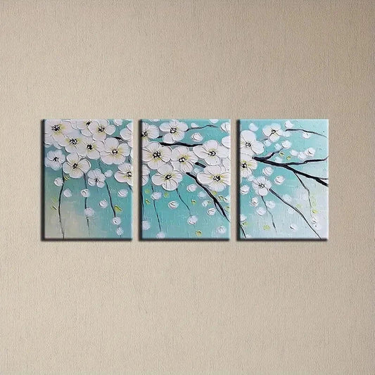 3pcs Fresh Tree Branch with White Flower Metal Print Ready to Hang Art