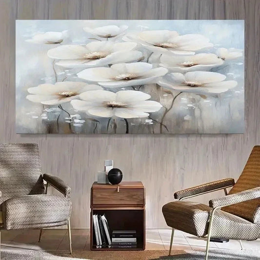 Modern White Flower Wall Art Canvas Office Home Room Framed 120x60cm