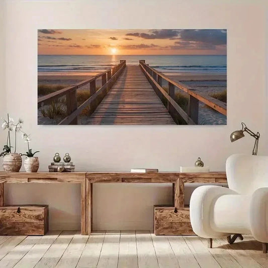 Scenic Beach Sunset Pier wall canvas office home room framed 120x60cm