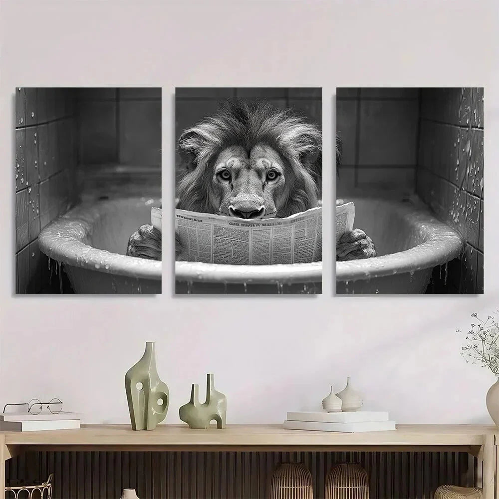 3pcs Lion Reading Newspaper Black And White Metal Print Ready to Hang Art