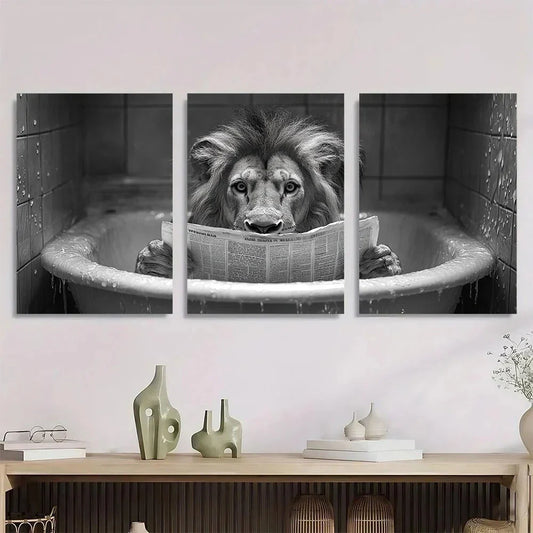 3pcs Lion Reading Newspaper Black And White Metal Print Ready to Hang Art