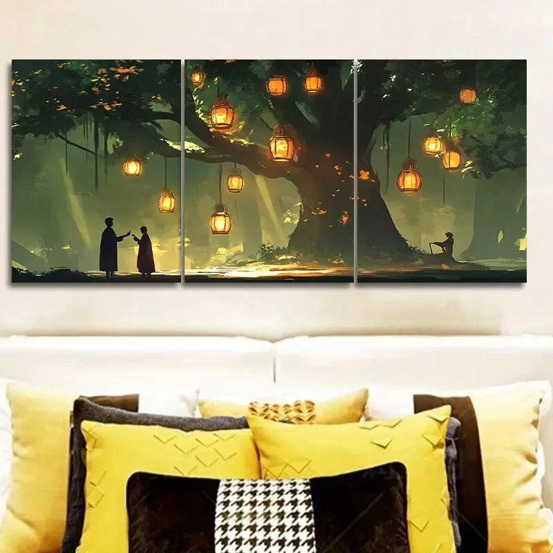 3pcs Lanterns & Old Tree Night Scene Waterproof Wall Art Set Canvas Framed 40x60cm - High Quality Print 100% Australian Made Wall Canvas Ready to Hang
