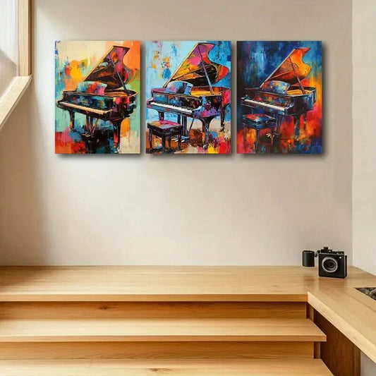 3pcs Vibrant Grand Piano Design Metal Print Ready to Hang Art