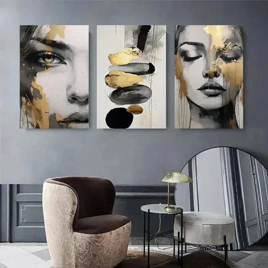 3pcs Elegant Black & Golden Woman Portraits Metal Print Ready to Hang Art