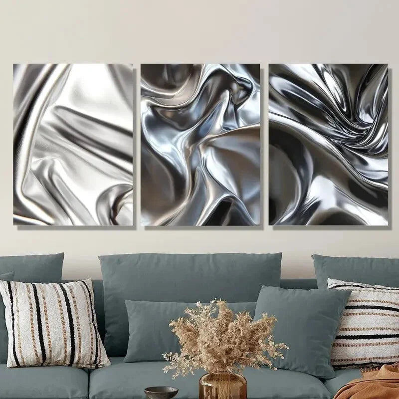 3pcs , Silver Glossy Liquid Metal Style Metal Print Ready to Hang Art