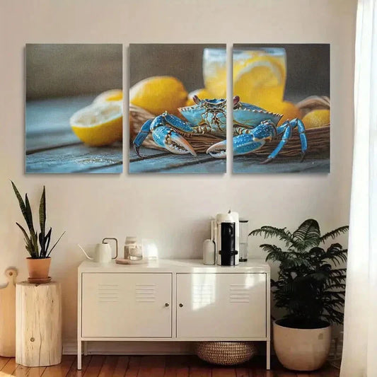 3pcs Vibrant Blue Crab Design Metal Print Ready to Hang Art